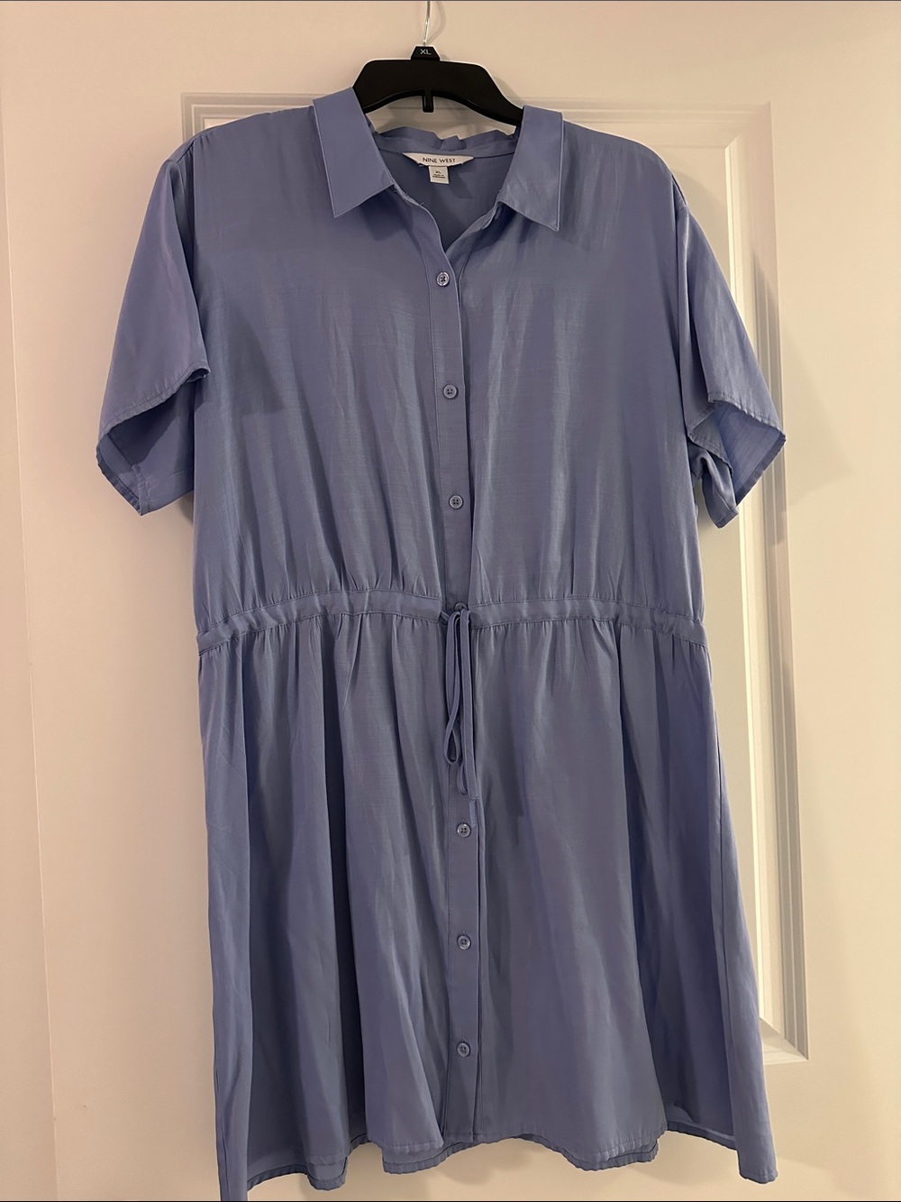 Nine West - Light Blue Button-Front Short Sleeve Dress with Drawstring Waist
